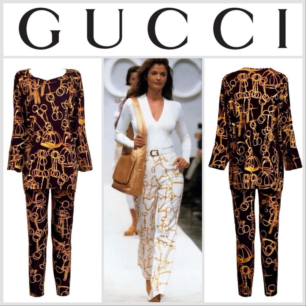 GUCCI By TOM FORD S/S 1993 Navy/Gold Chain Tunic & Pants VINTAGE RARE Size M/L